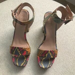 Multi colored snakeskin platform sandals